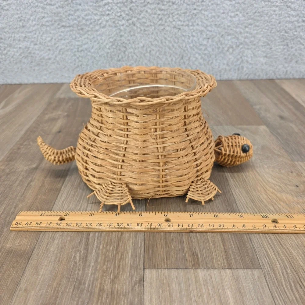 Vintage Interpur Woven Wicker Turtle Basket Planter with Plastic Liner Taiwan